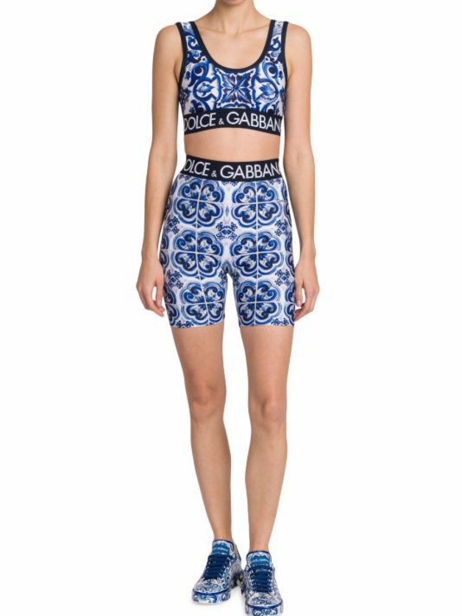 Men * | Dolce&Gabbana Blu Mediterraneo Logo-Waist & Painterly-Print Bike Shorts