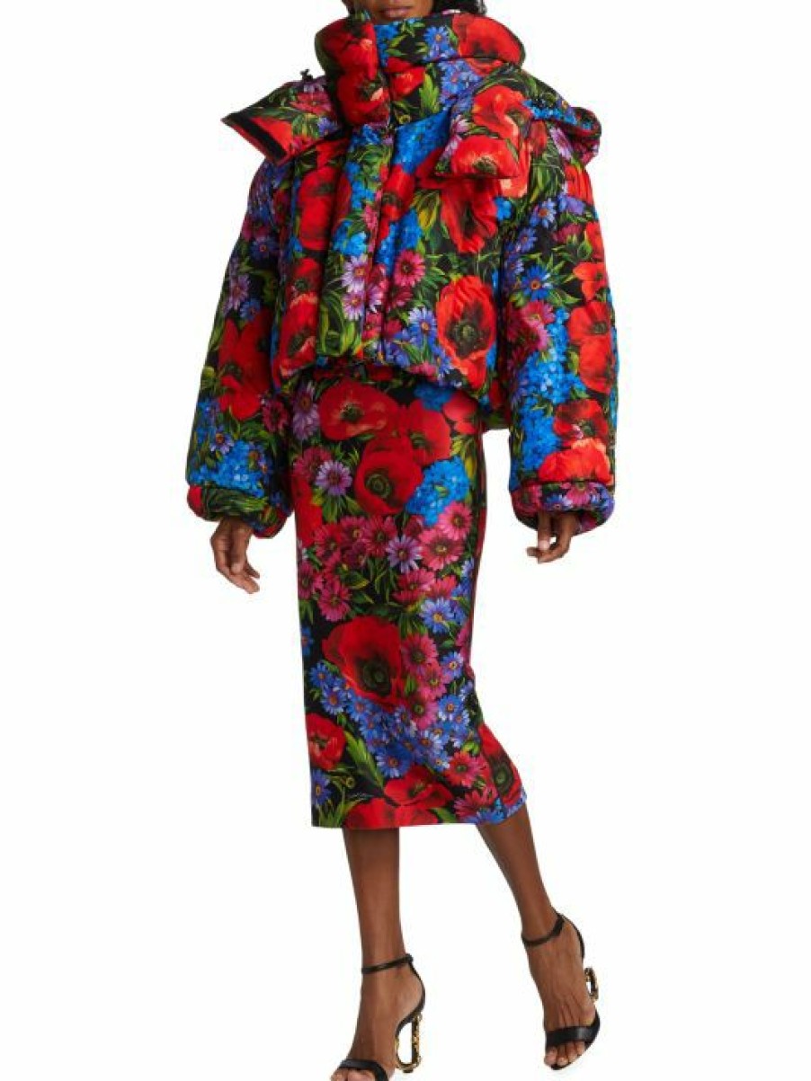 Men * | Dolce&Gabbana Cropped Hooded Floral Puffer Jacket