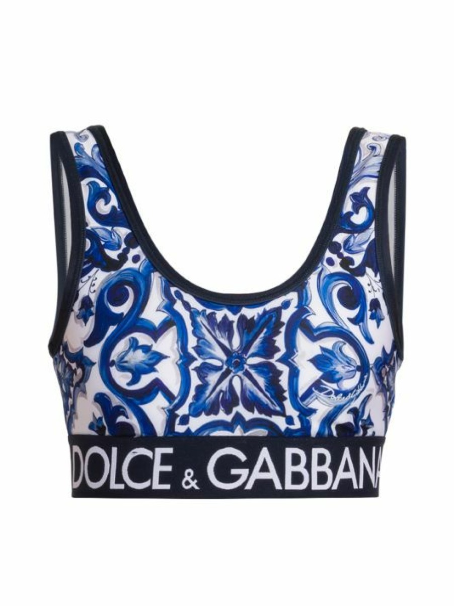 Women'S Clothing * | Dolce&Gabbana Blu Mediterraneo Cropped Painterly Logo Top