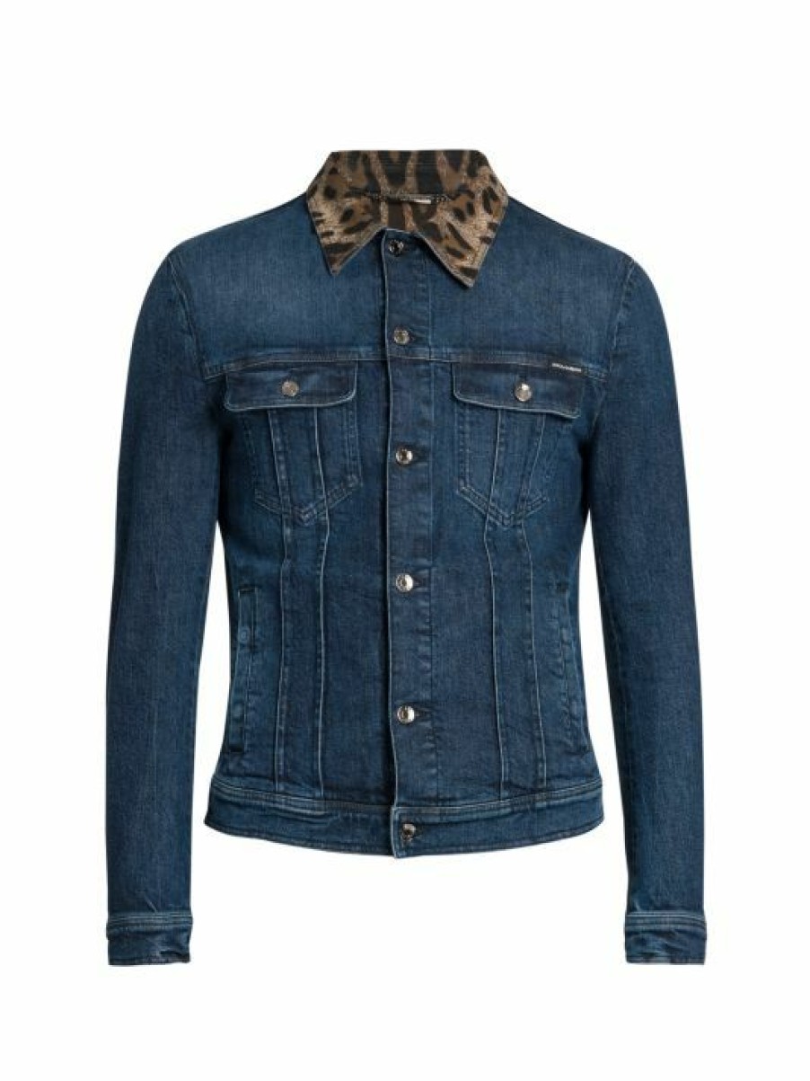 Men * | Dolce&Gabbana Leopard Collar Denim Jacket For Men