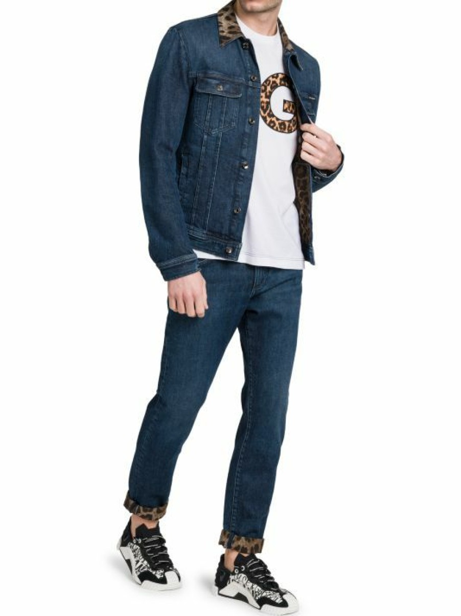 Men * | Dolce&Gabbana Leopard Collar Denim Jacket For Men