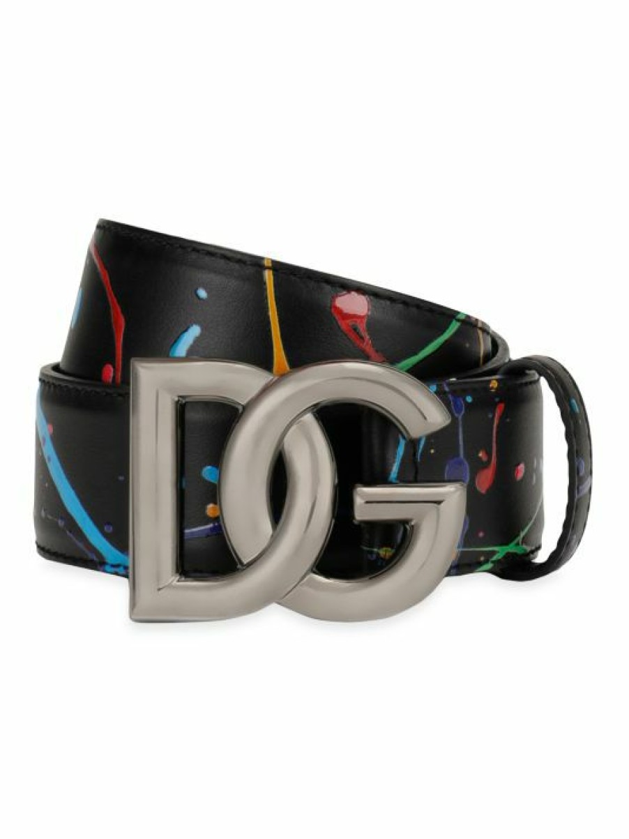 Accessories * | Dolce&Gabbana Paint-Splatter Leather Logo Belt For Men