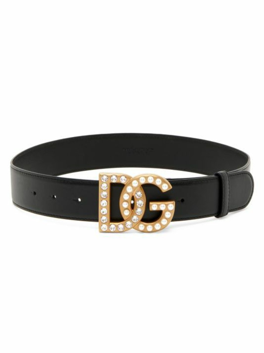 Accessories * | Dolce&Gabbana Crystal-Embellished Logo Buckle Leather Belt