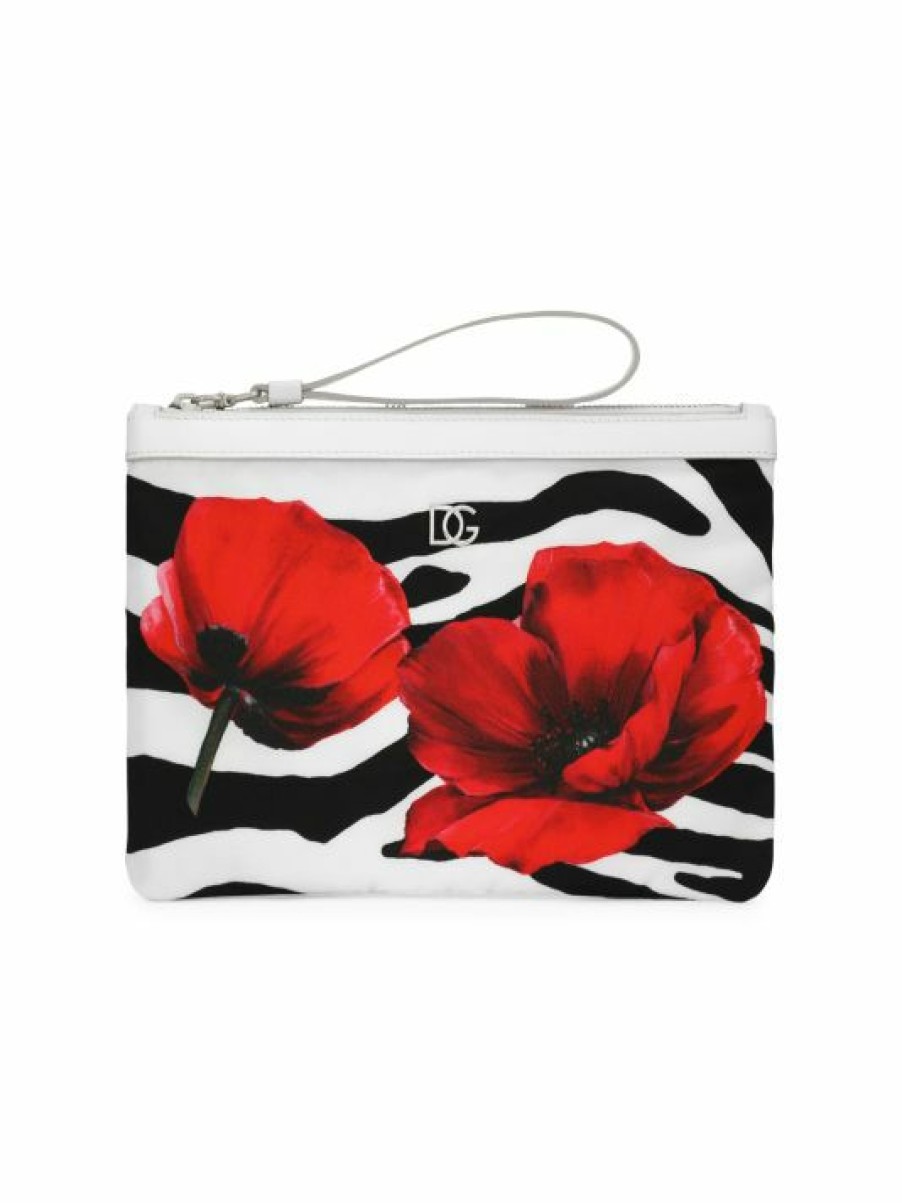 Handbags * | Dolce&Gabbana Zebra & Peony Nylon Zip Pouch