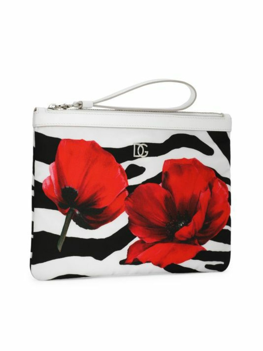 Handbags * | Dolce&Gabbana Zebra & Peony Nylon Zip Pouch