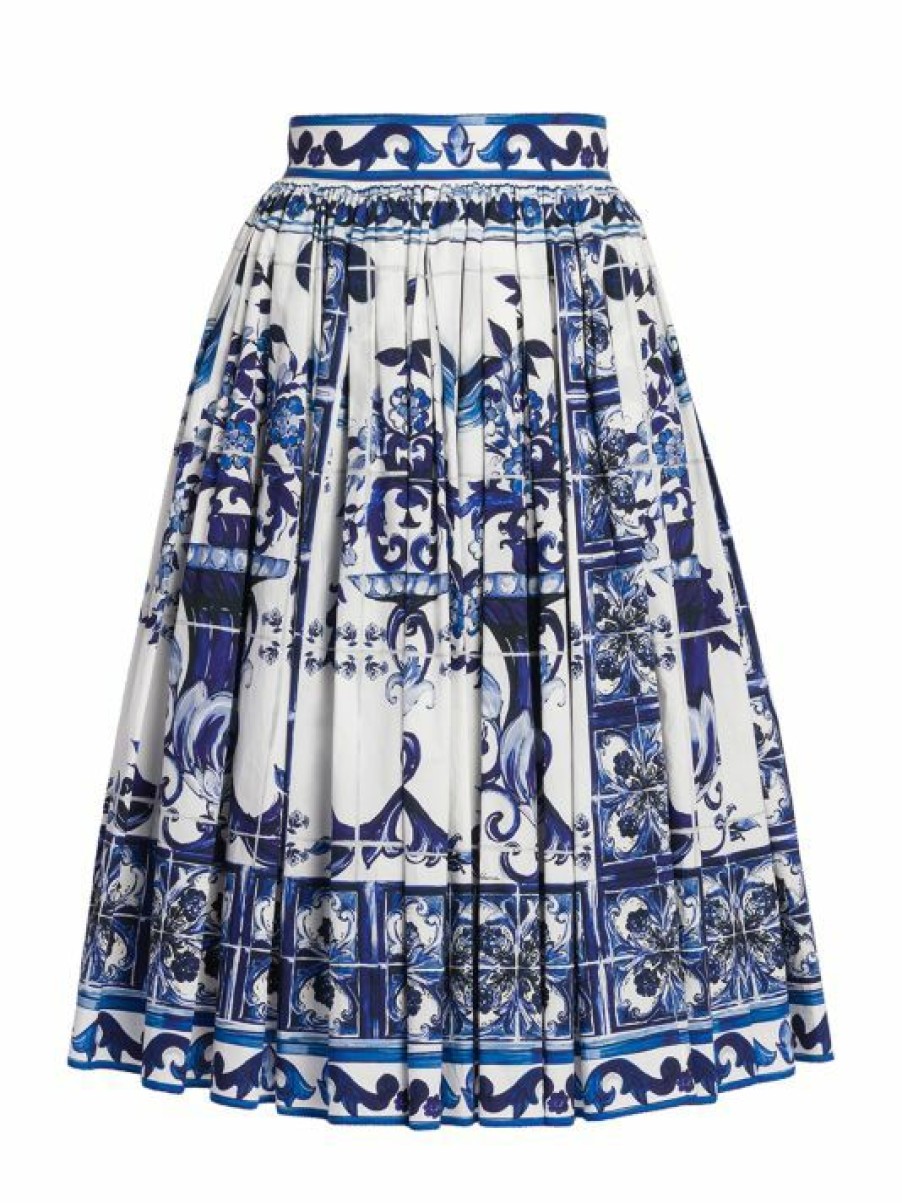 Women'S Clothing * | Dolce&Gabbana Blu Mediterraneo Pleated Painterly Midi-Skirt