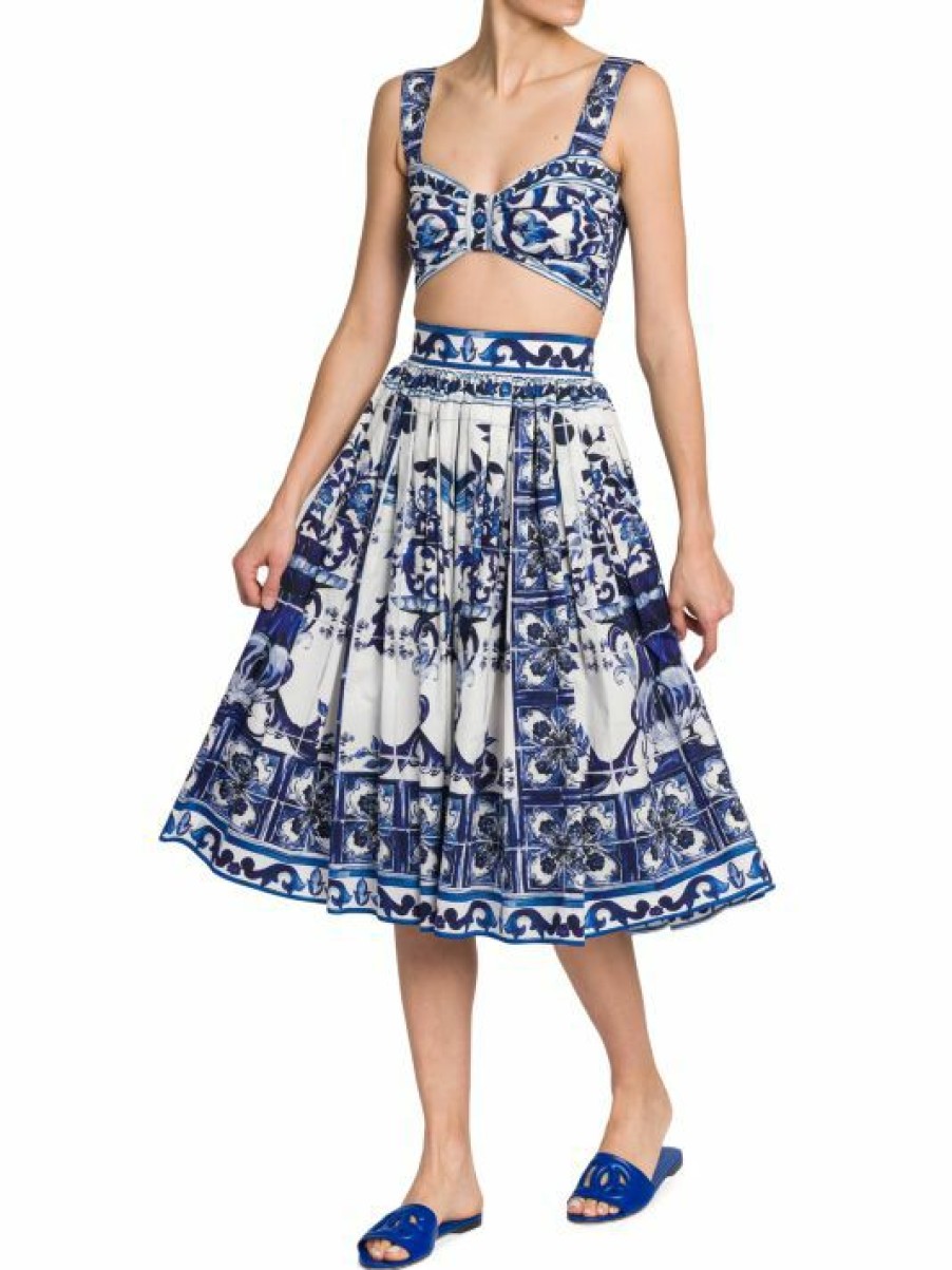 Women'S Clothing * | Dolce&Gabbana Blu Mediterraneo Pleated Painterly Midi-Skirt