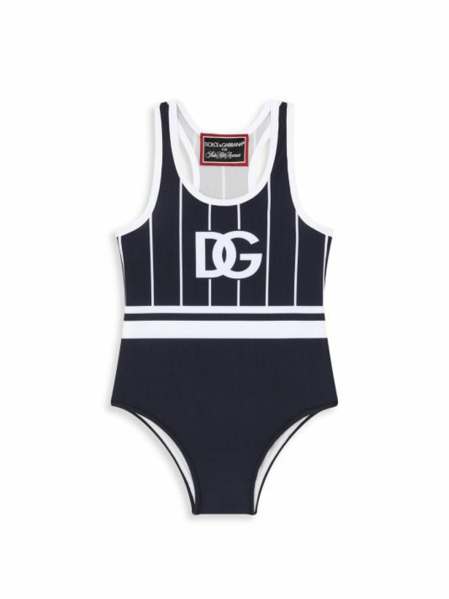 Kids * | Dolce&Gabbana Little Girl'S & Girl'S Contrast Logo Striped Swimsuit For Kids