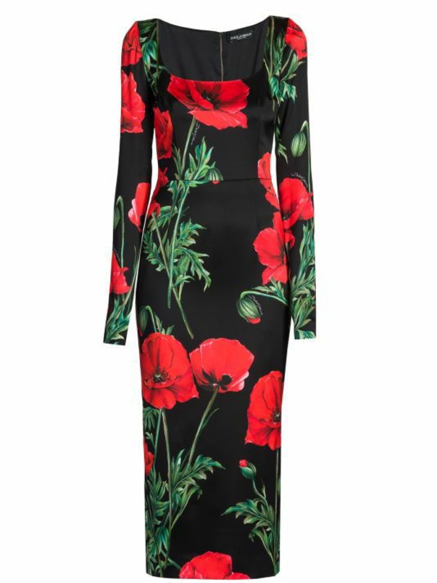 Women'S Clothing * | Dolce&Gabbana Satin Poppy Print Midi Dress