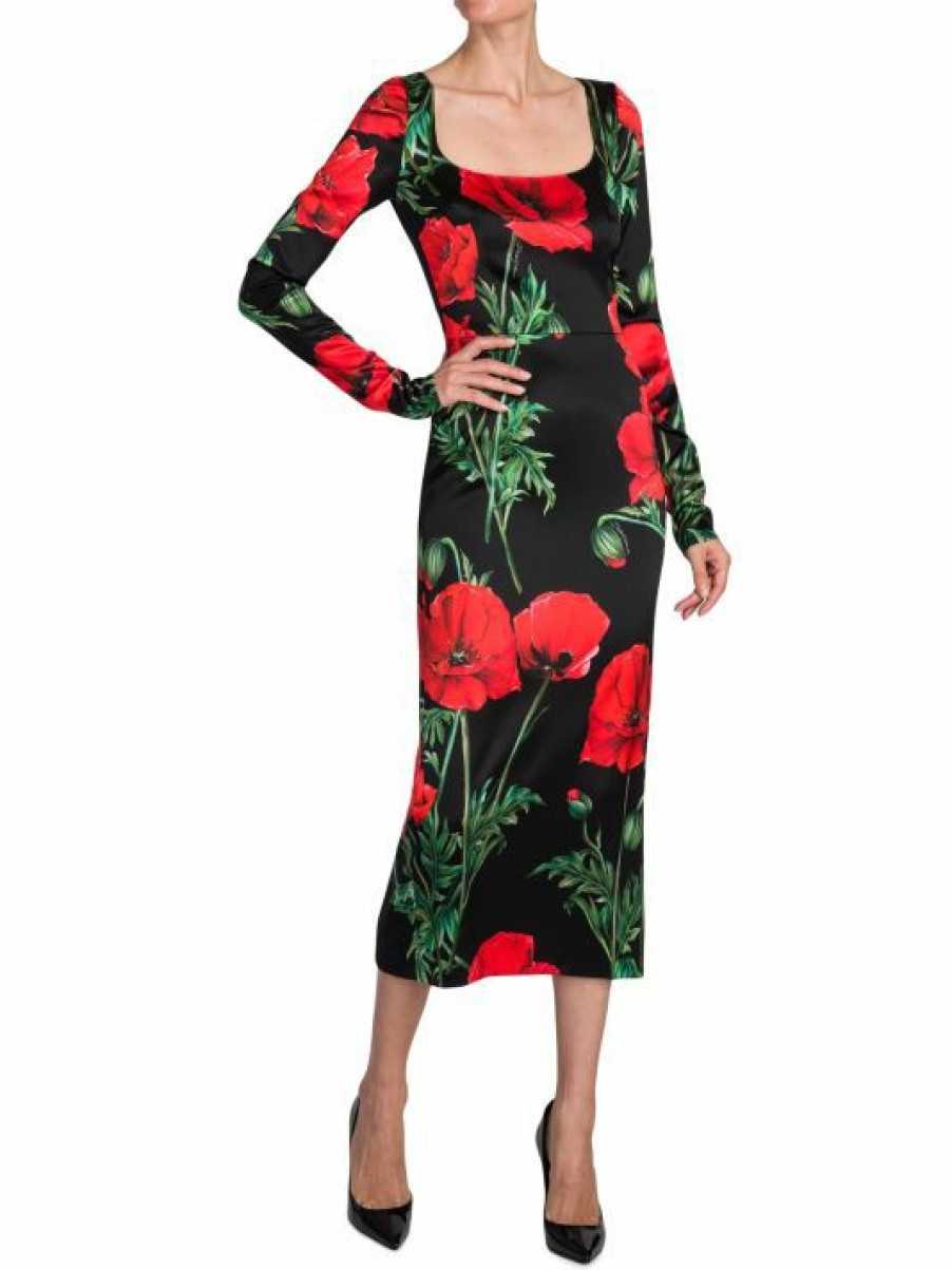 Women'S Clothing * | Dolce&Gabbana Satin Poppy Print Midi Dress