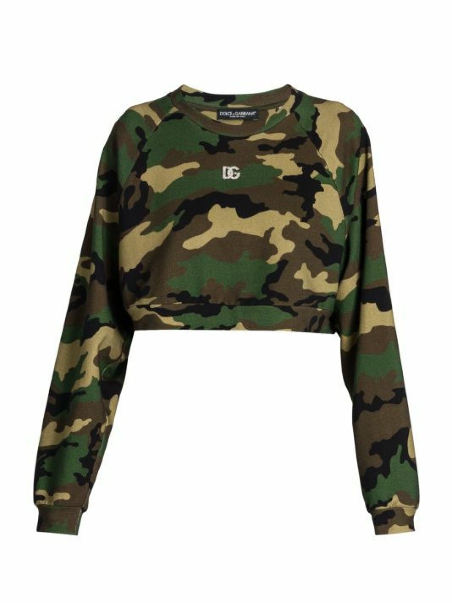 Women'S Clothing * | Dolce&Gabbana Camo Crystal Logo Cropped Sweatshirt