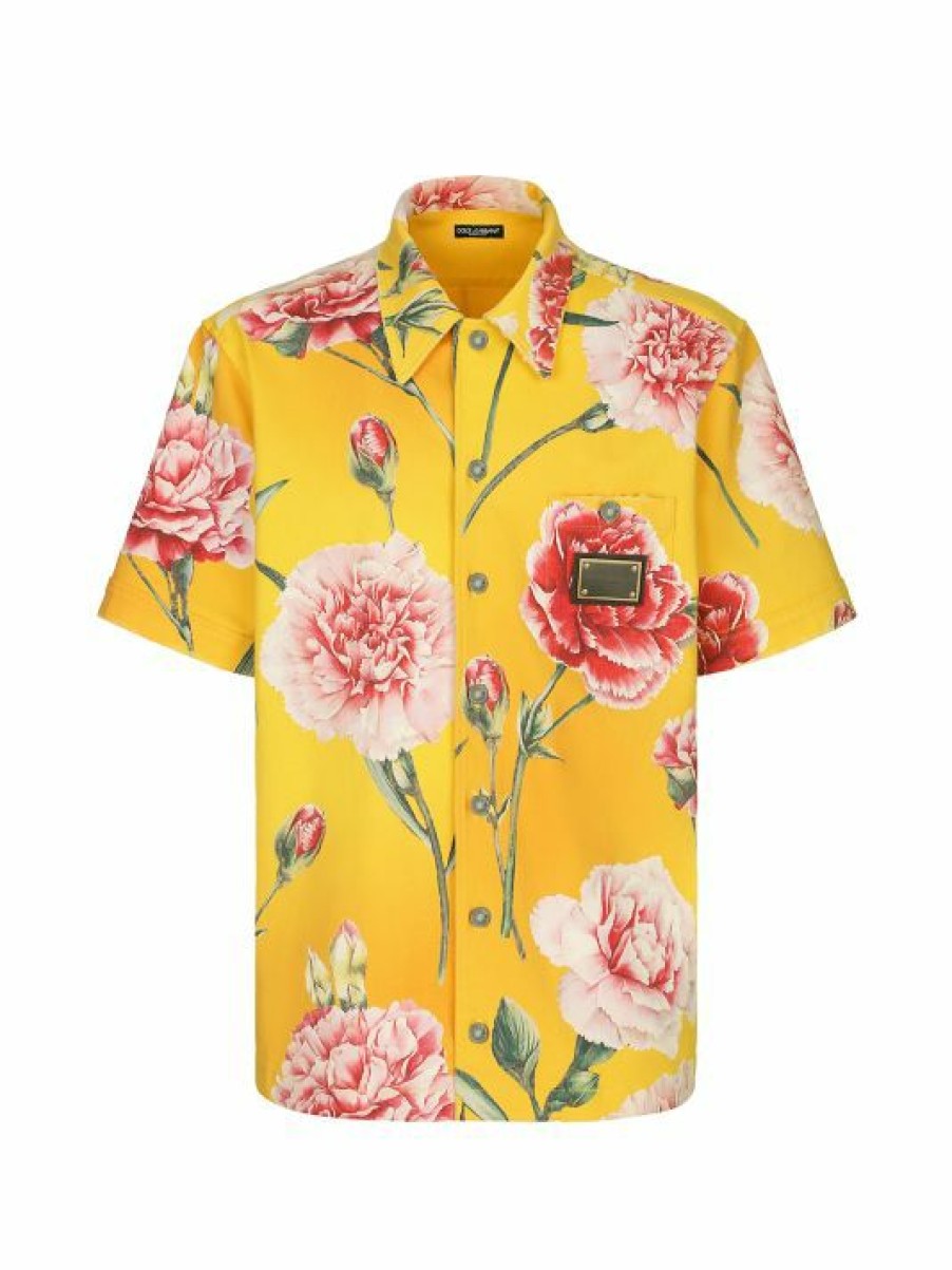 Men * | Dolce&Gabbana Logo Plaque Floral Denim Shirt For Men