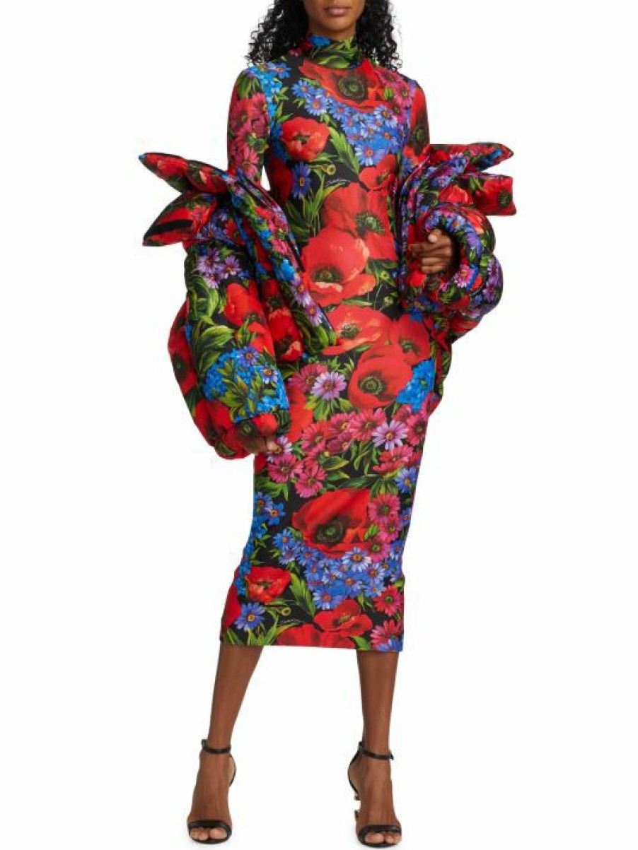 Women'S Clothing * | Dolce&Gabbana Floral Long-Sleeve Body-Con Midi-Dress