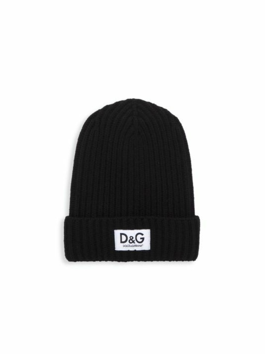 Accessories * | Dolce&Gabbana Kid'S Logo Plaque Black Beanie For Kids