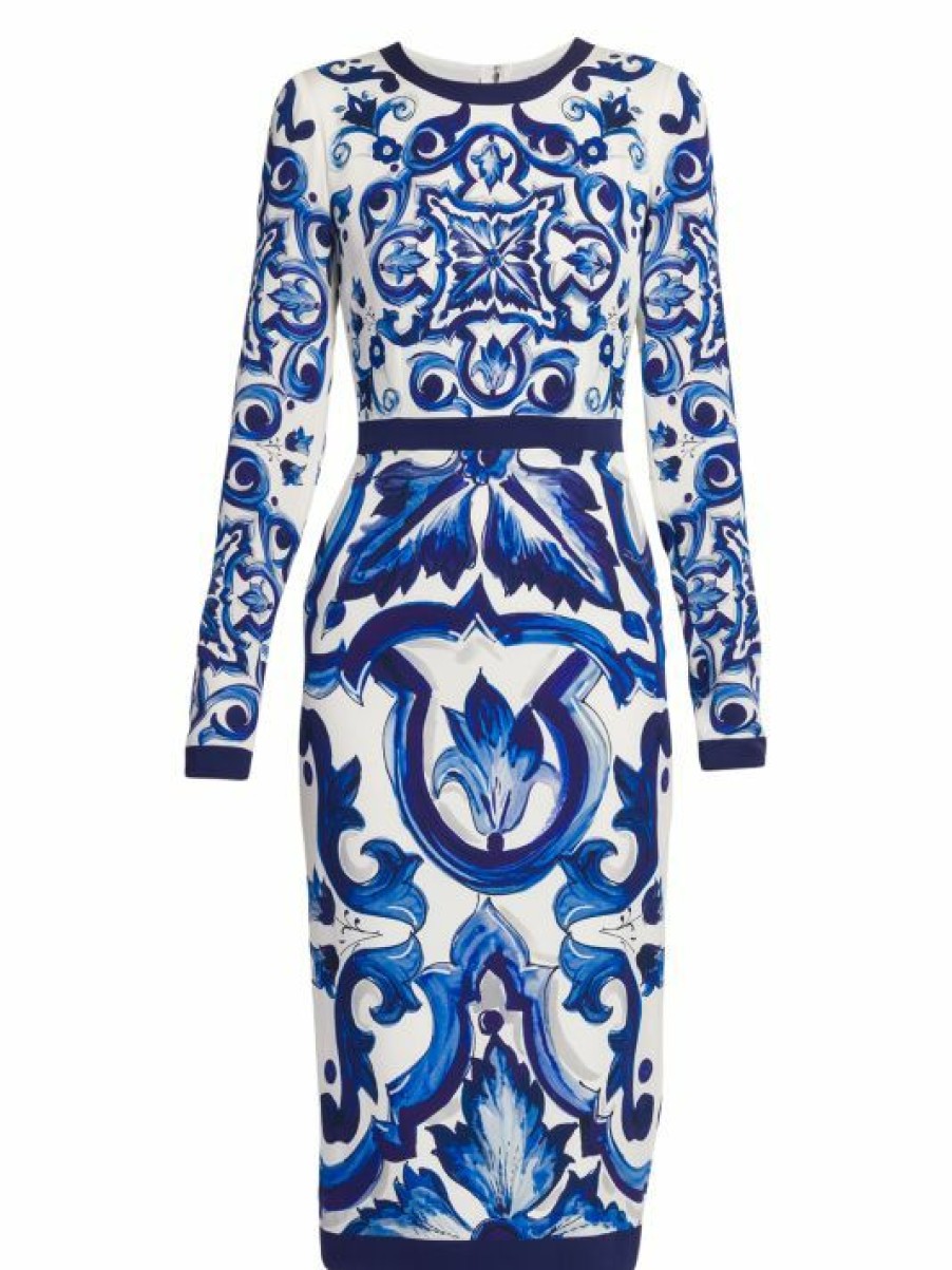 Women'S Clothing * | Dolce&Gabbana Blu Mediterraneo Painterly Long-Sleeve Midi-Dress