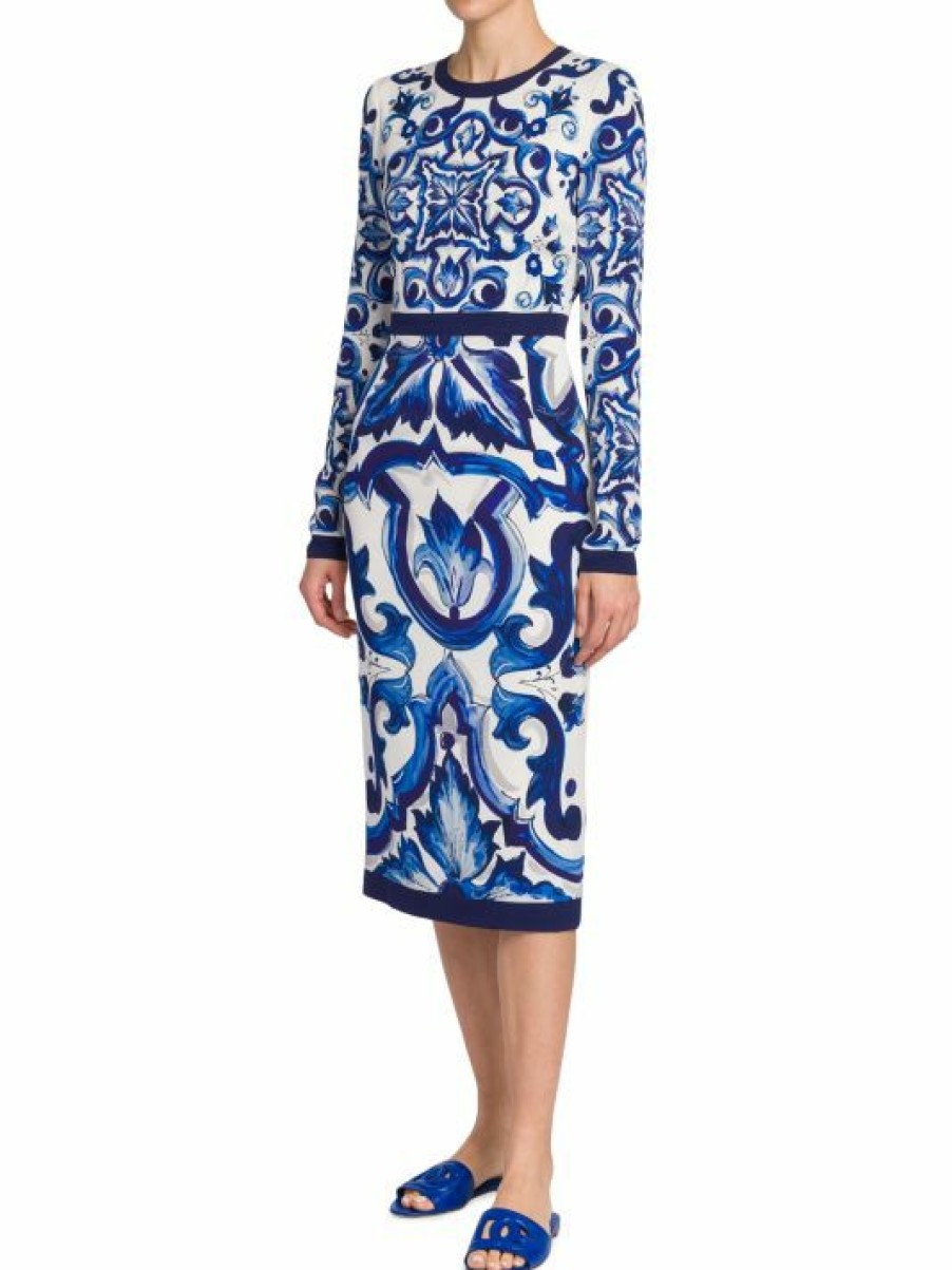 Women'S Clothing * | Dolce&Gabbana Blu Mediterraneo Painterly Long-Sleeve Midi-Dress