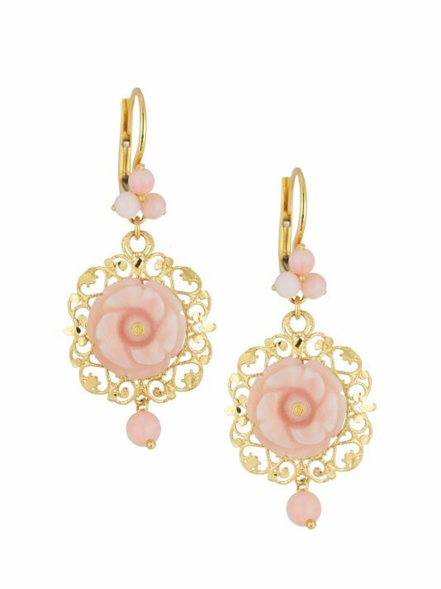 Jewelry * | Dolce&Gabbana 18K Yellow Gold Pink Opal Rose Pendant Earrings