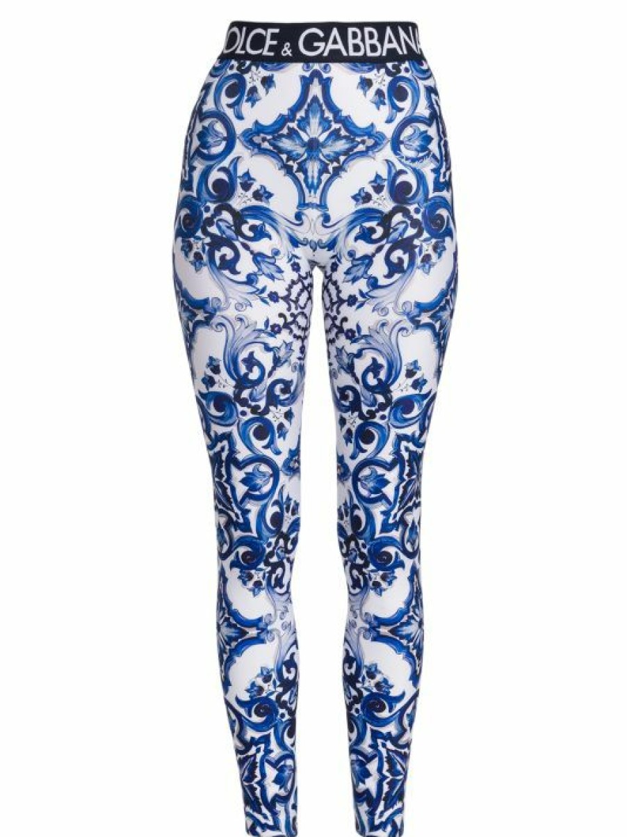 Women'S Clothing * | Dolce&Gabbana Blu Mediterraneo Painterly Logo Leggings