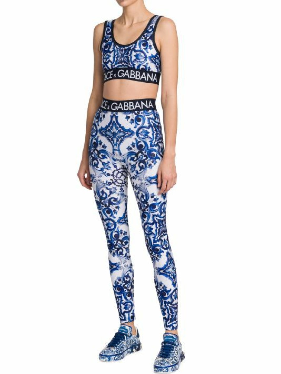 Women'S Clothing * | Dolce&Gabbana Blu Mediterraneo Painterly Logo Leggings