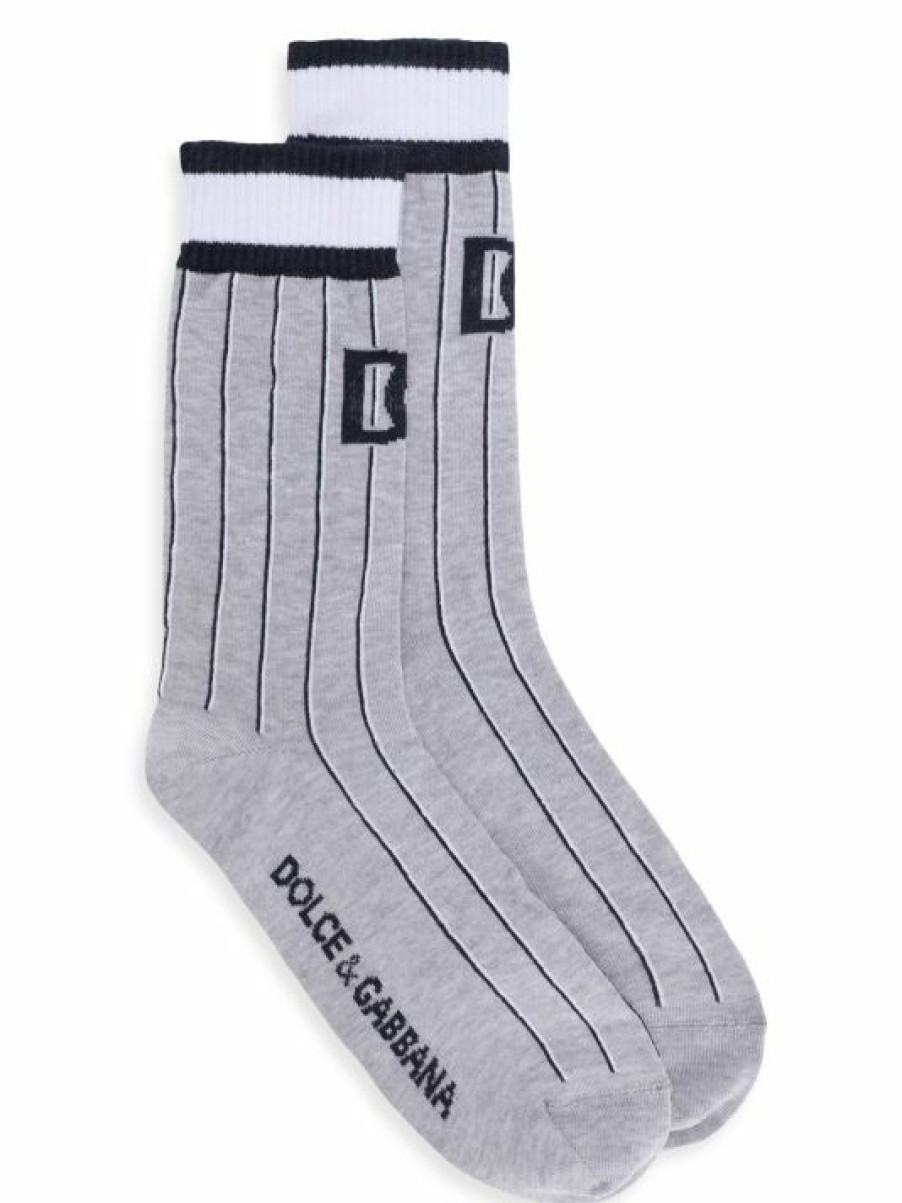 Accessories * | Dolce&Gabbana Striped Cotton Dg Logo Calf Socks For Men