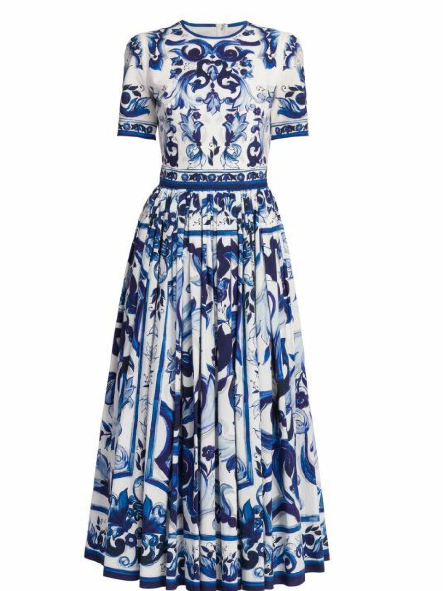 Women'S Clothing * | Dolce&Gabbana Blu Mediterraneo Printed Fit & Flare Midi-Dress