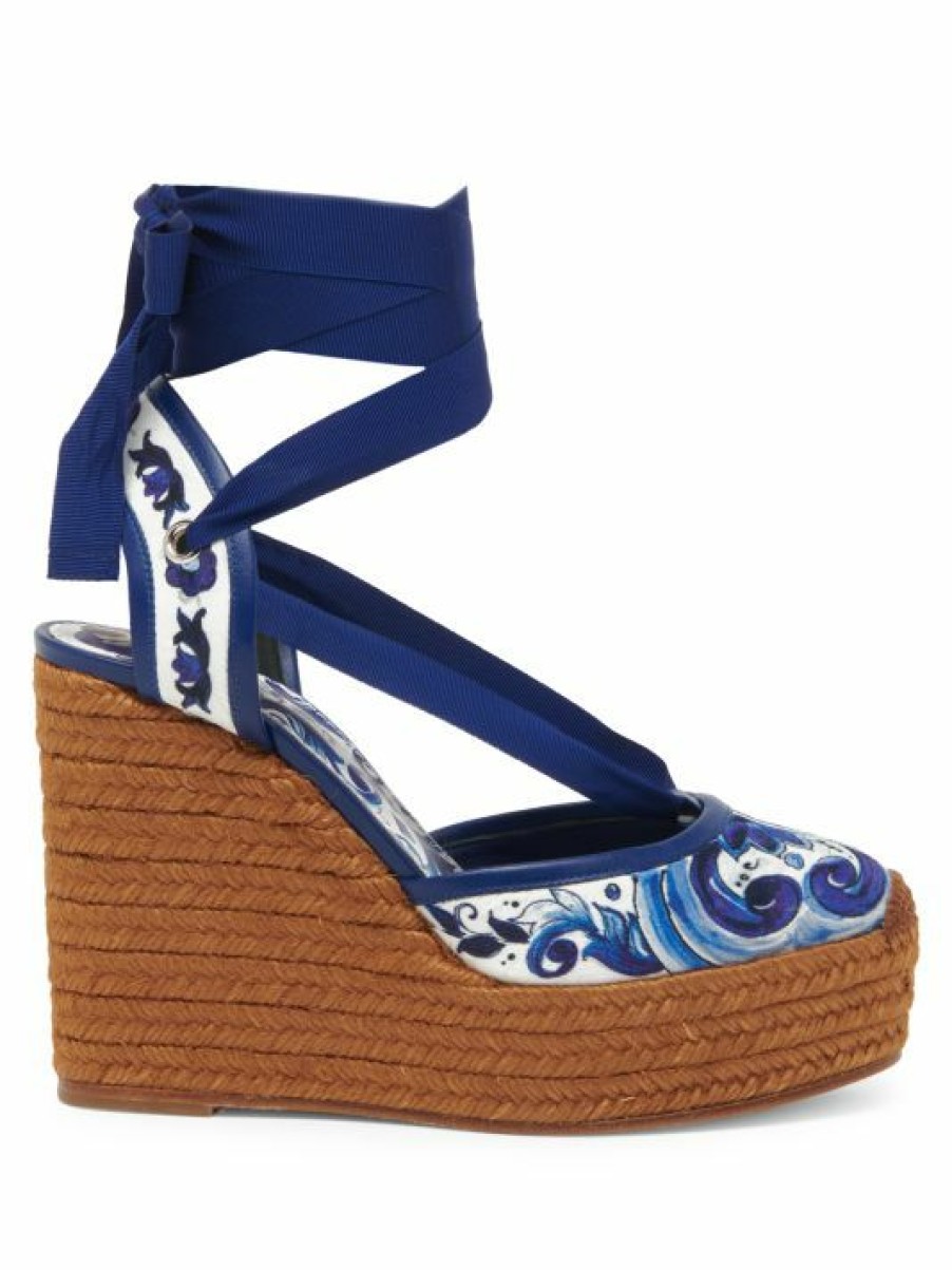 Men * | Dolce&Gabbana Lola Printed Brocade Espadrille Ankle-Wrap Wedges