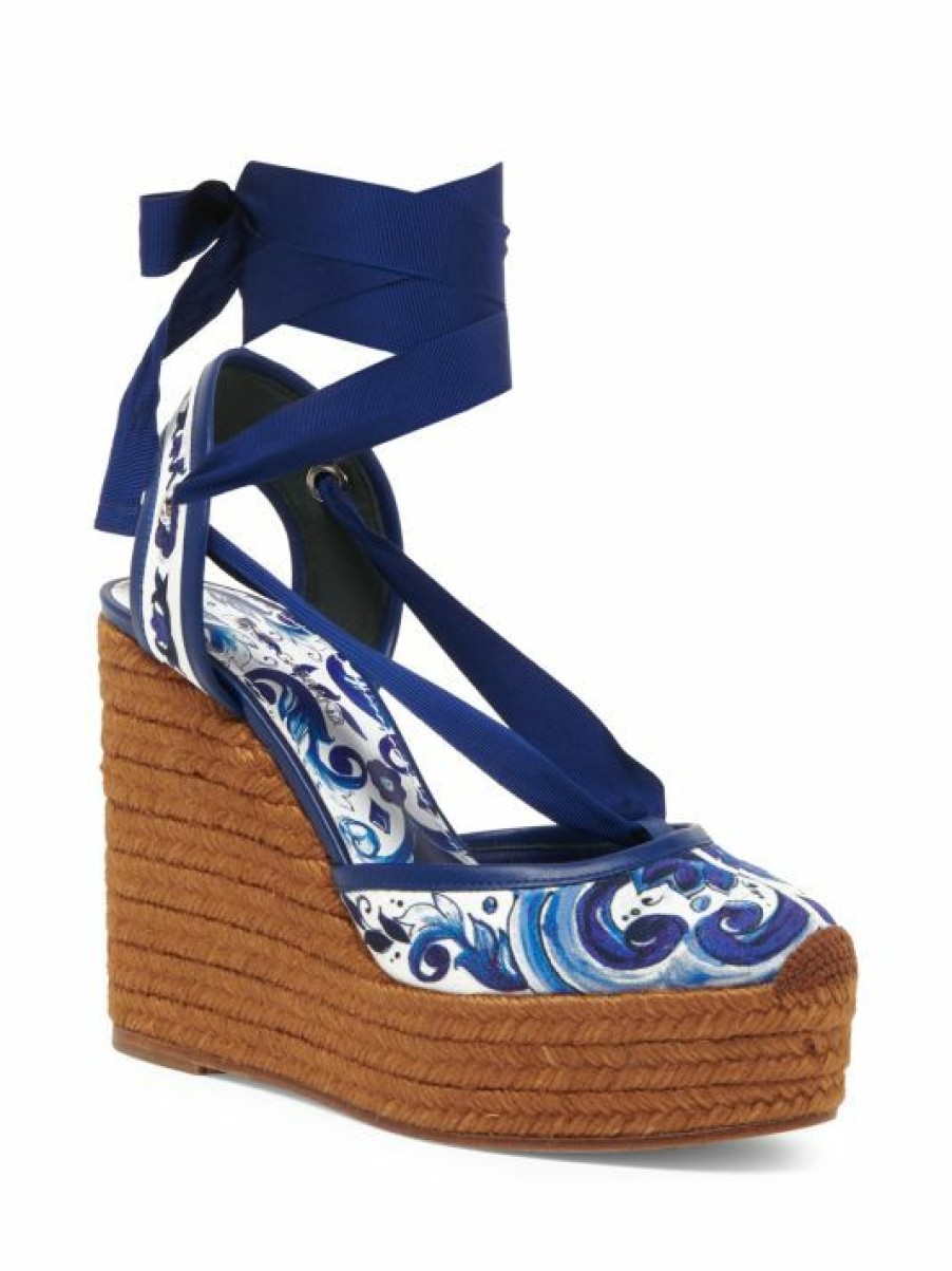 Men * | Dolce&Gabbana Lola Printed Brocade Espadrille Ankle-Wrap Wedges