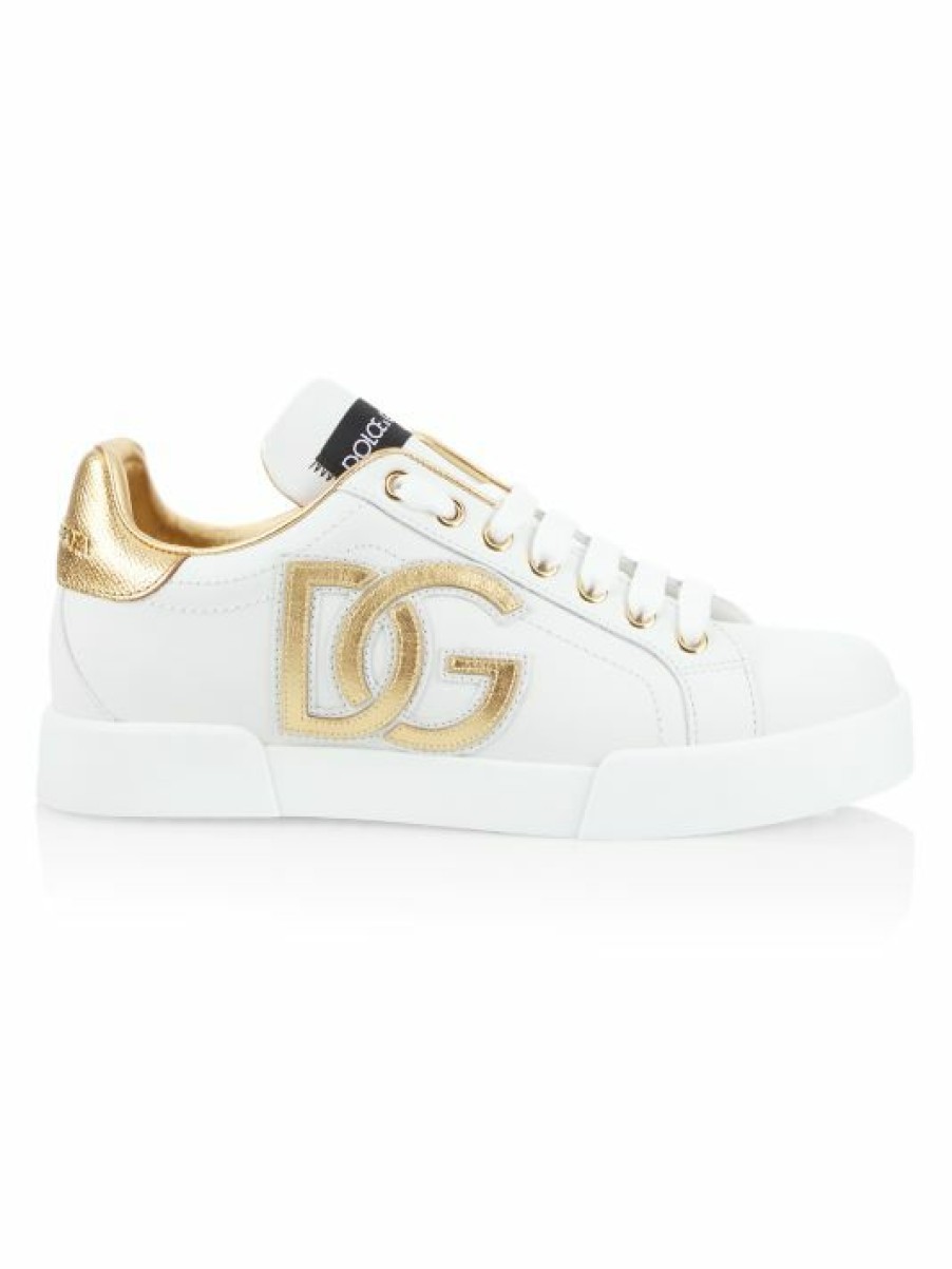 Men * | Dolce&Gabbana Portofino Logo Metallic Leather Low-Top Sneakers