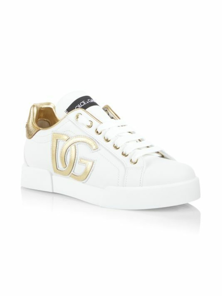 Men * | Dolce&Gabbana Portofino Logo Metallic Leather Low-Top Sneakers